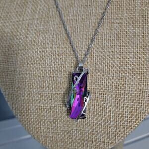 Boutique Purple Iridescent Glass Pendant on Silver-Plated Chain Necklace